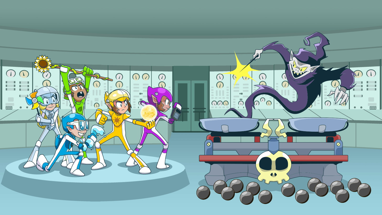 Wichtelmort schwebt über einer Tafelwaage. Davor liegen 15 gleich aussehende Kugeln. Die Power-Wichtel stehen bereit, die Kugel mit der Energie zurückzuerobern.